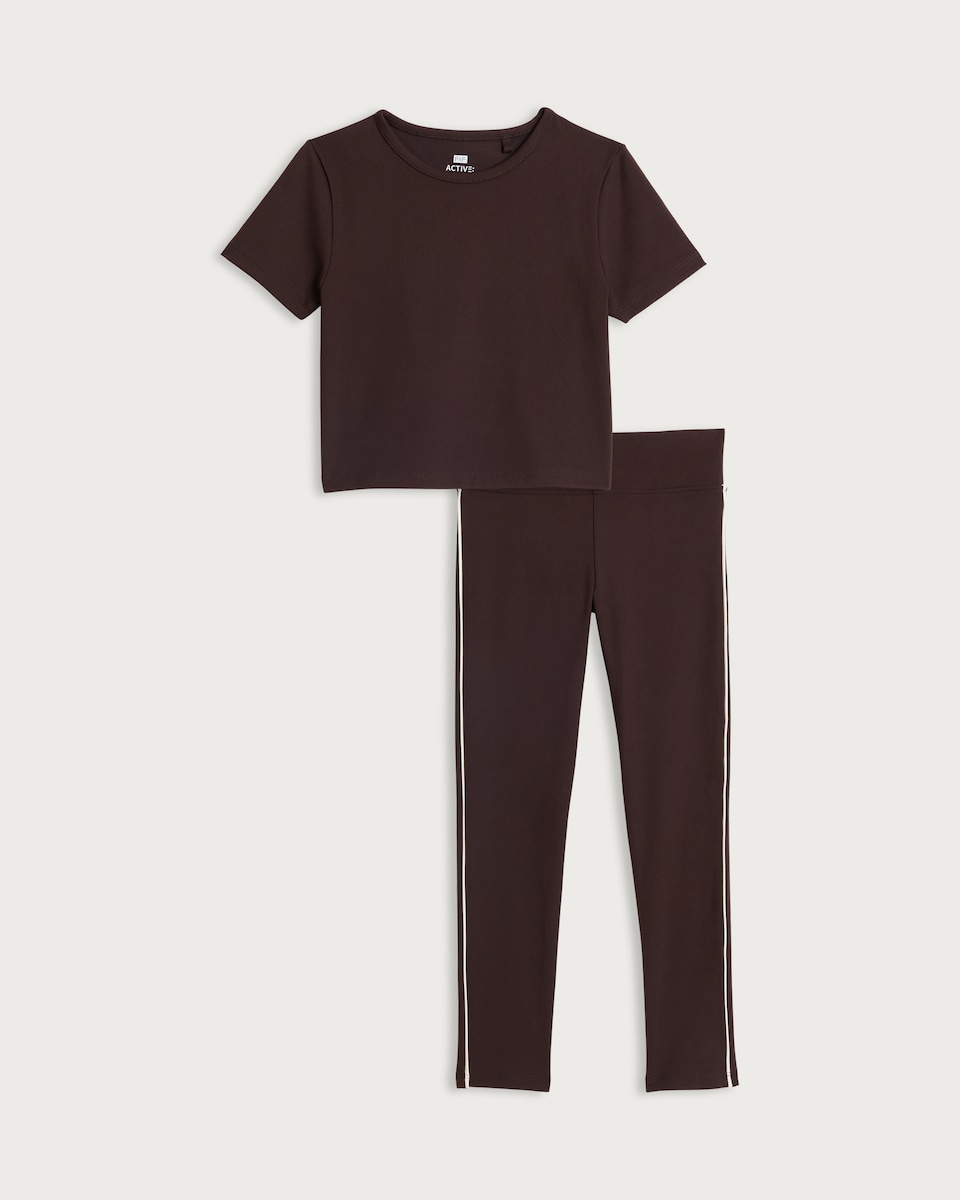 image 1 of F&F Active Girls ULTRAMOVE 2-Piece T-Shirt and Leggings Set in Brown