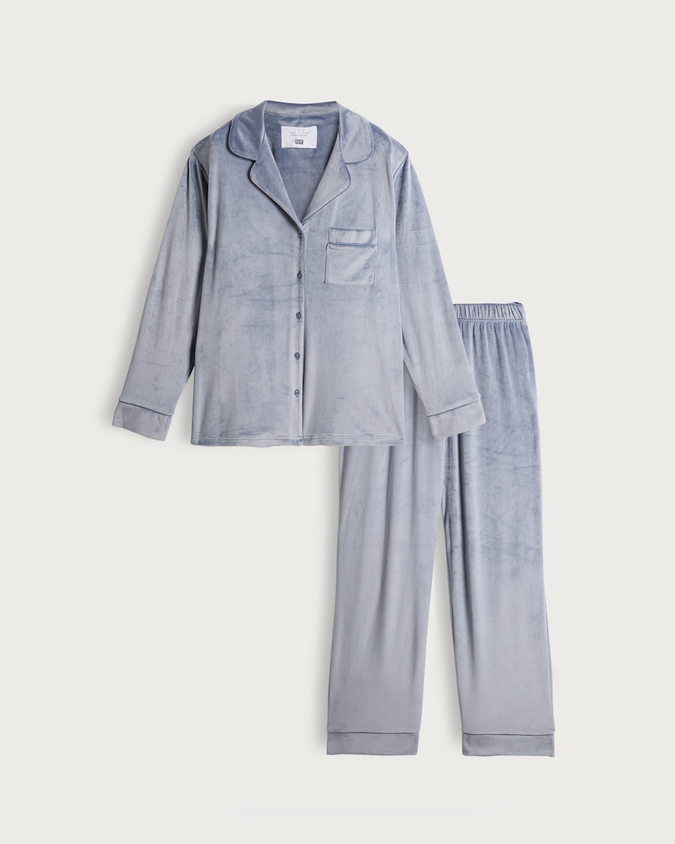 image 1 of F&F Velour Pocket Front Pyjama Set in Blue