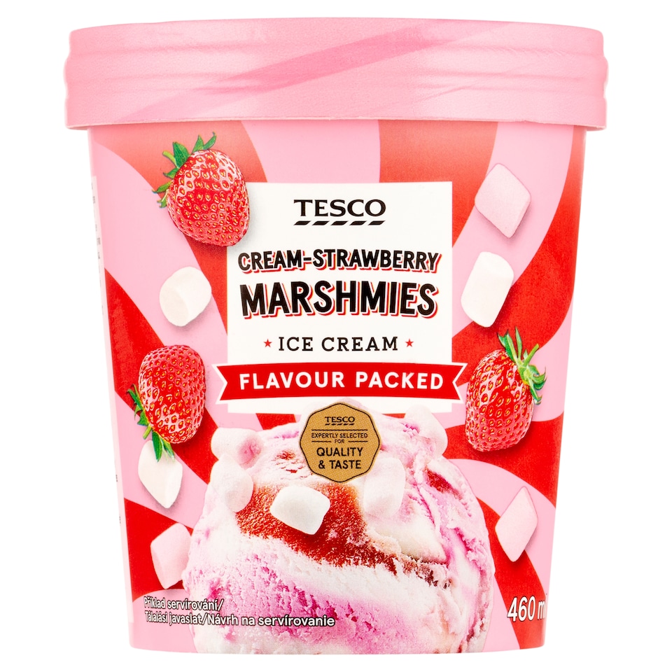 Tesco Smotanový mrazený krém jahodový a smotanový s jahodovou omáčkou a marshmallows 460 ml