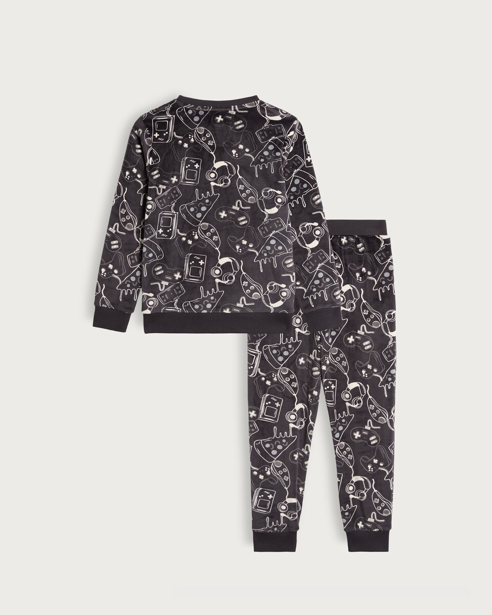 image 1 of F&F Boys Fleece Gaming Print Pyjama Set in Black