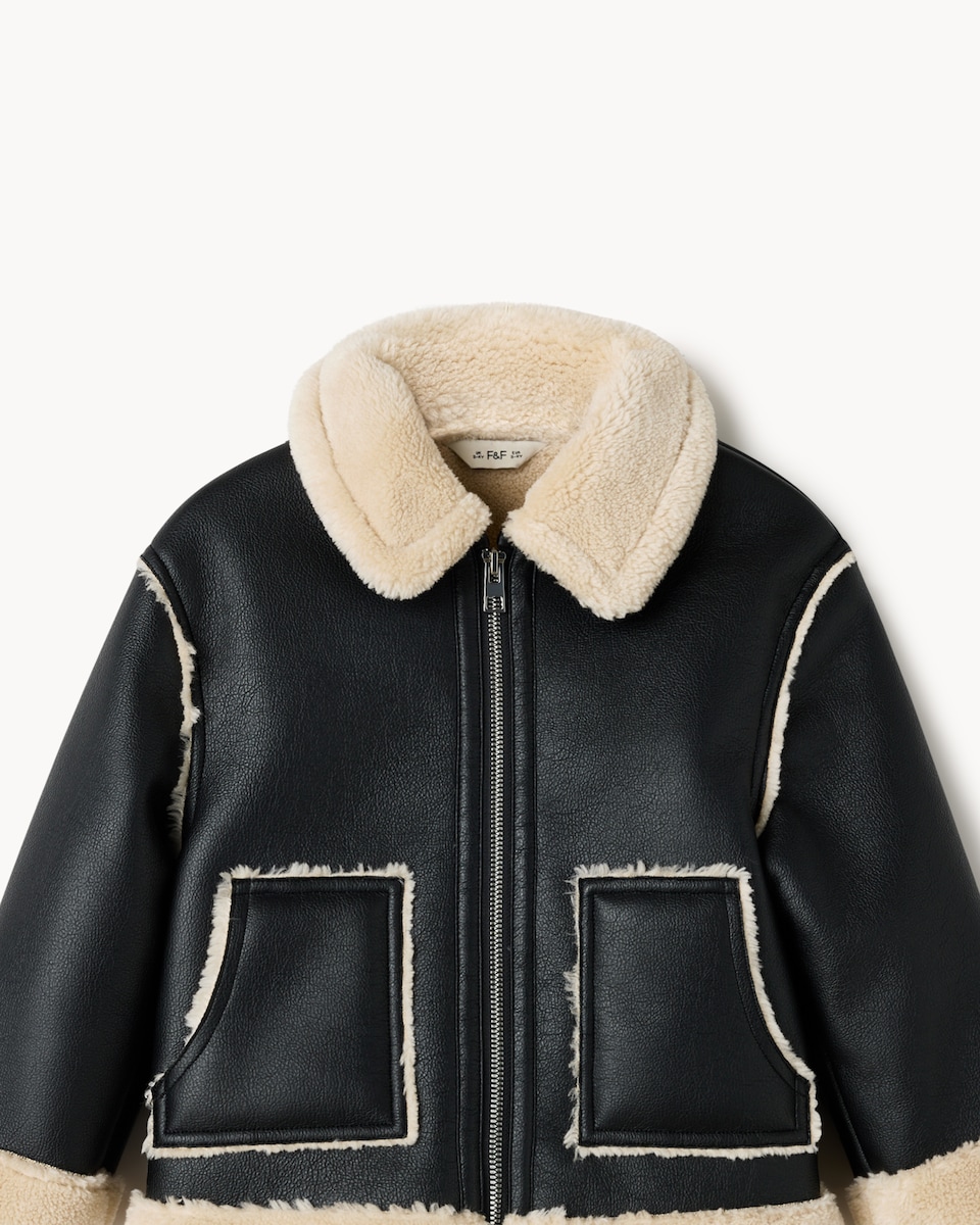 image 1 of F&F Girls Faux Leather Aviator Jacket in Black