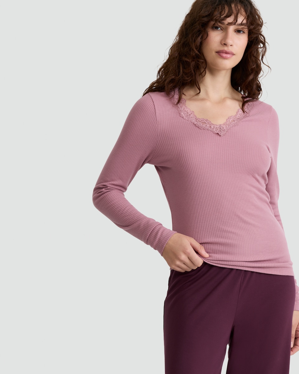 image 1 of F&F Medium Warmth Thermal Lace Trim Long Sleeved Top in Pink