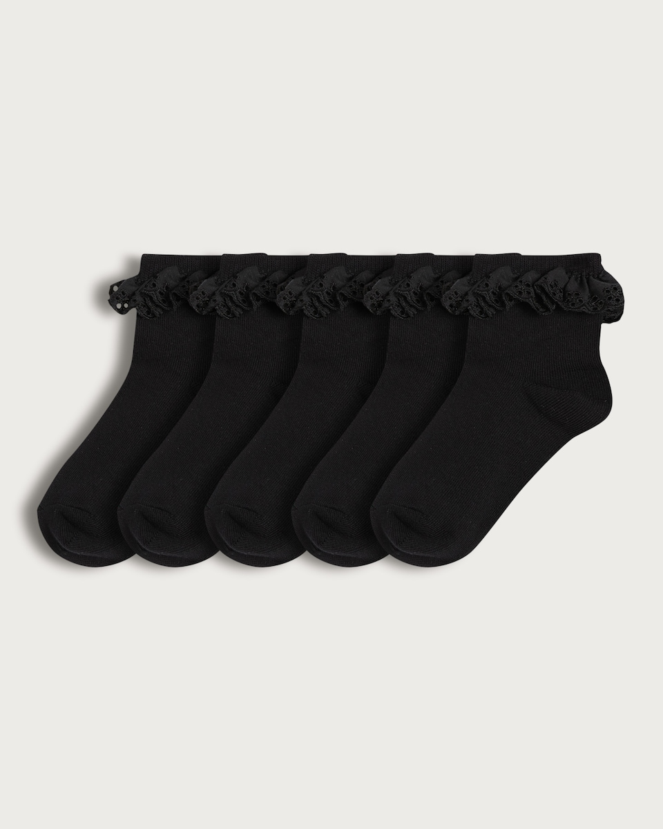 F&F School Girls 5-Pack Cotton Rich Frilly Ankle Socks in Black