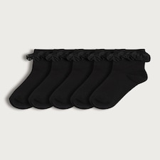 F&F School Girls 5-Pack Cotton Rich Frilly Ankle Socks in Black