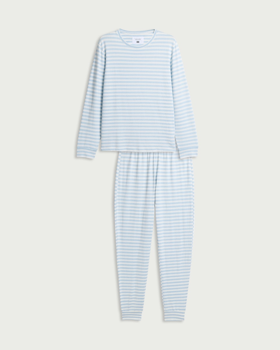 image 1 of F&F Textured Striped Pyjama Set in Multi Blue