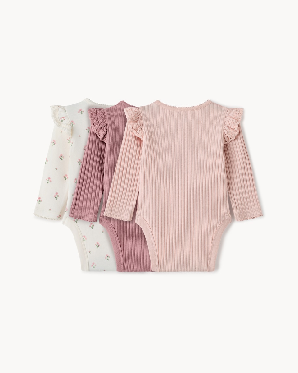 image 1 of F&F Baby 3-Pack Cotton Rich Frill Bodysuits in Mink