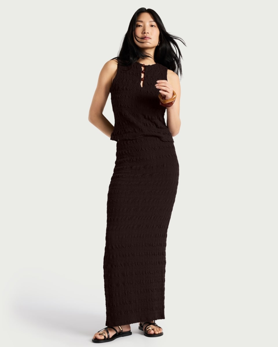 image 1 of F&F Textured Split Hem Co-ord Maxi Skirt in Brown