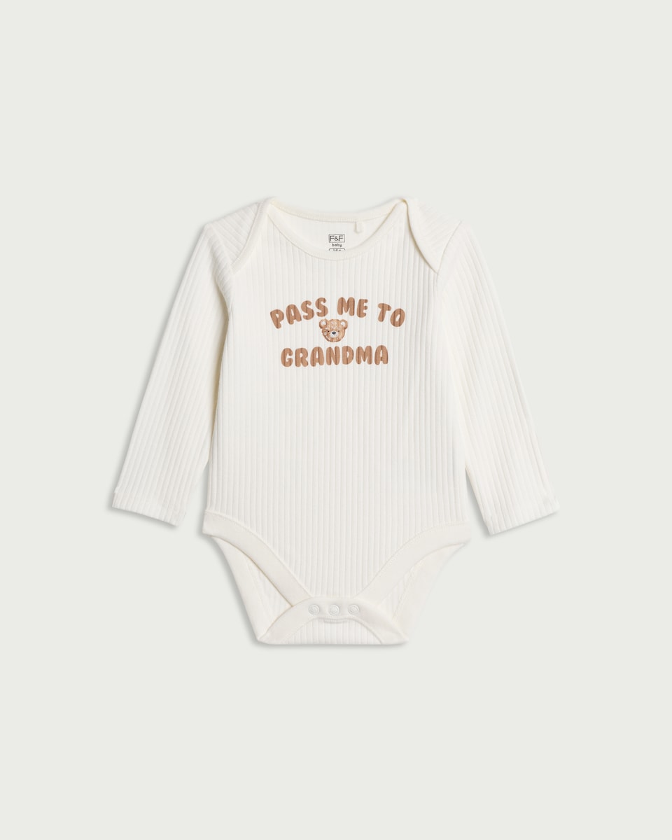 F&F Baby Cotton Rich Ribbed Grandma Long Sleeved Bodysuit in Ecru