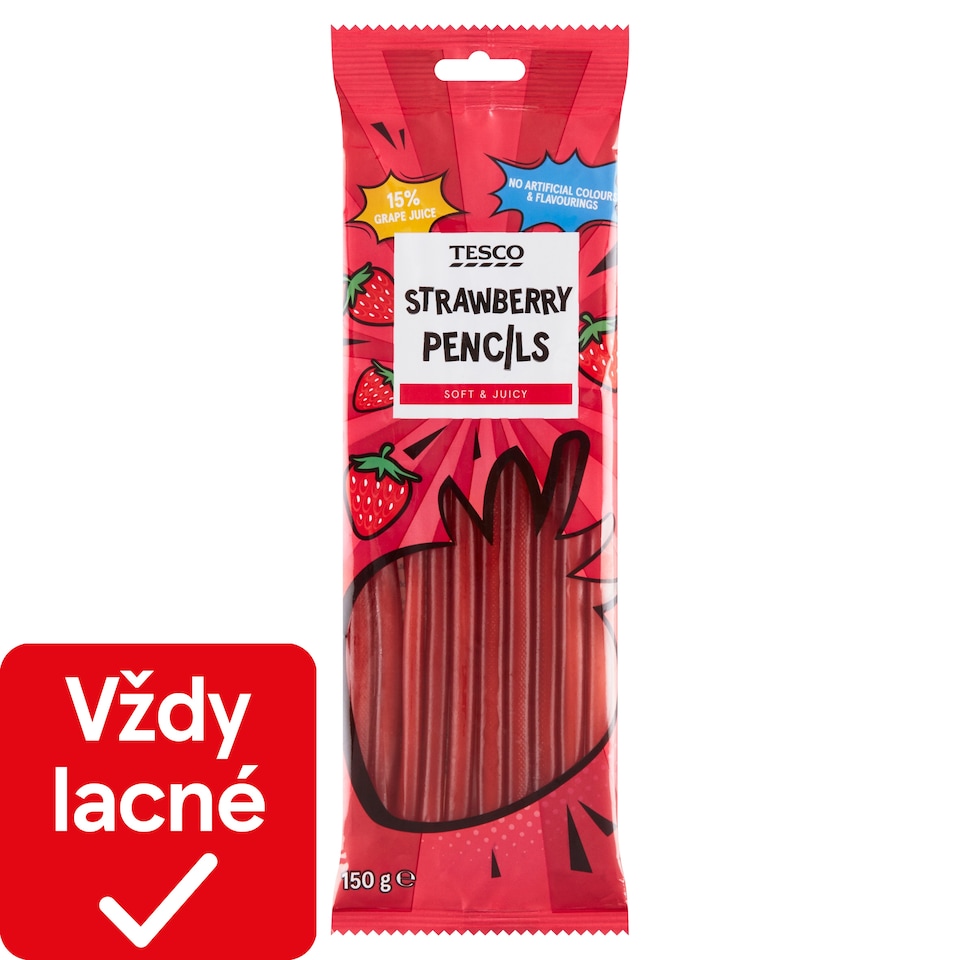 Tesco Strawberry Pencils želé cukríky s jahodovou príchuťou 150 g