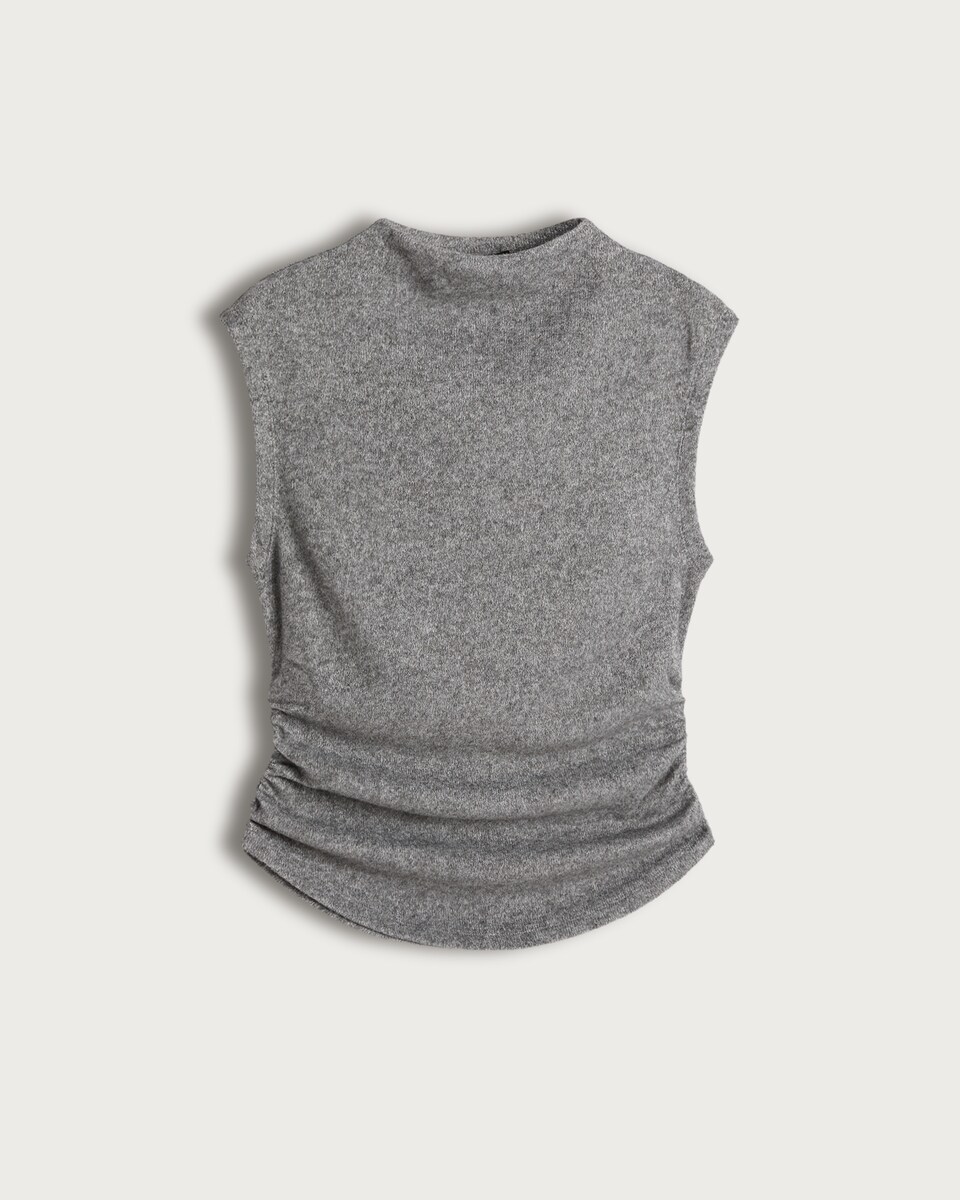 image 1 of F&F Textured High Neck Ruched Side Sleeveless Top in Grey