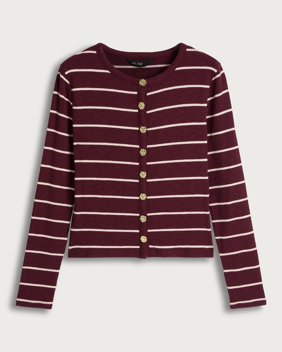 image 1 of F&F Cotton Blend Ribbed Stripe Print Button Through Top in Burgundy