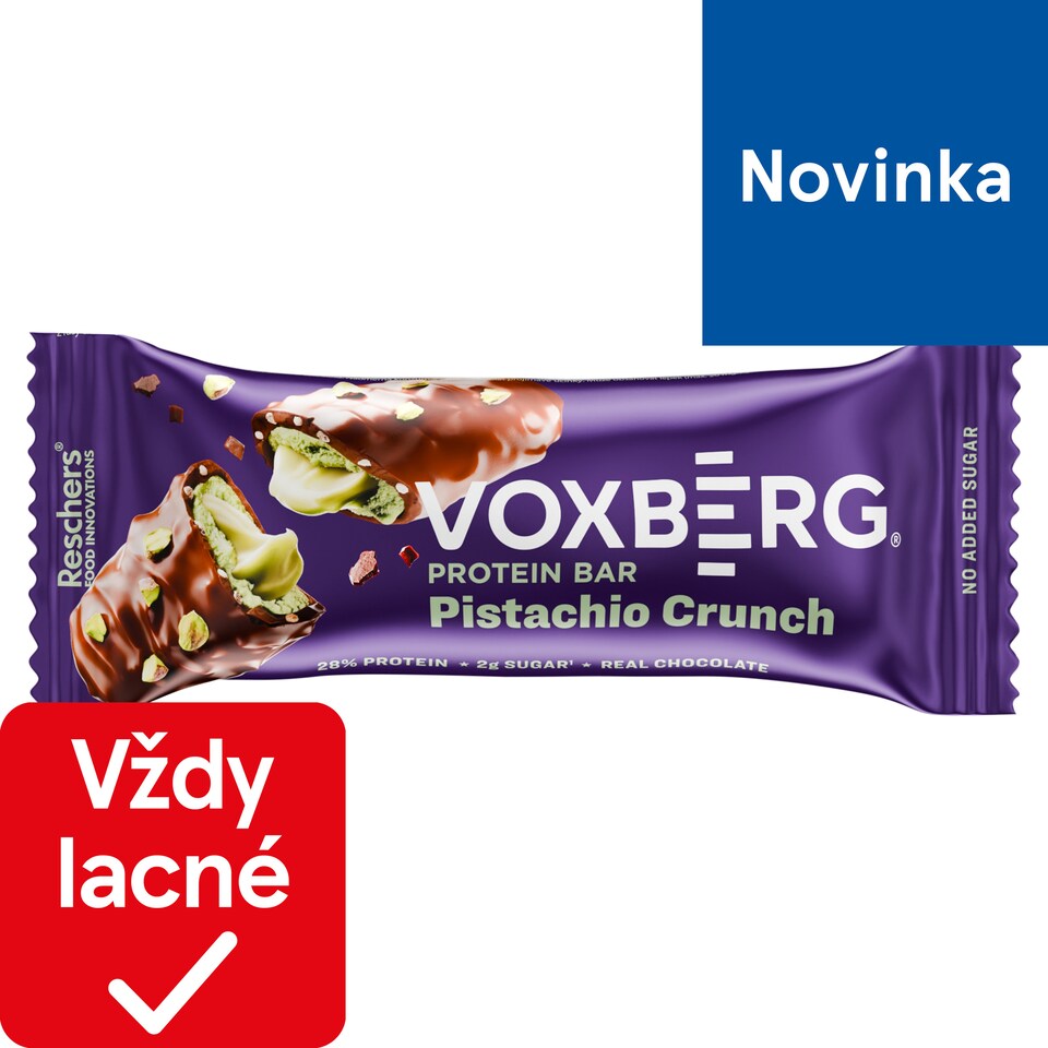 Voxberg Proteínová tyčinka s pistáciovou príchuťou a chrumkavým extrudátom v mliečnej čokoláde 50 g