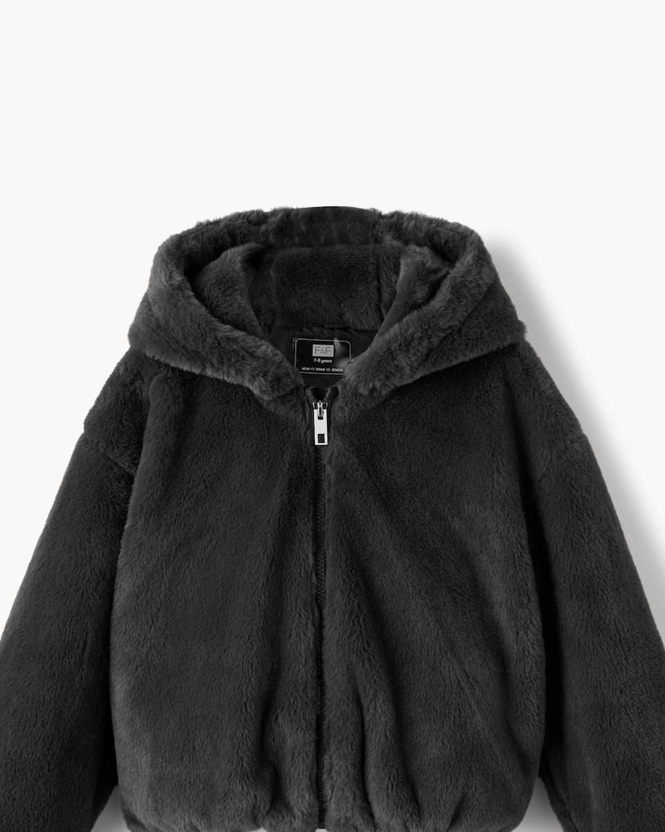 image 1 of F&F Girls Faux Fur Hooded Jacket in Grey