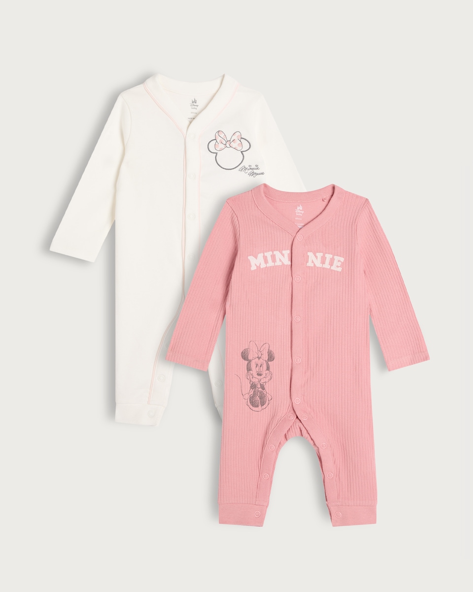 image 1 of Disney Minnie Mouse 2-Pack Cotton Rich Sleepsuits in Multi Pink