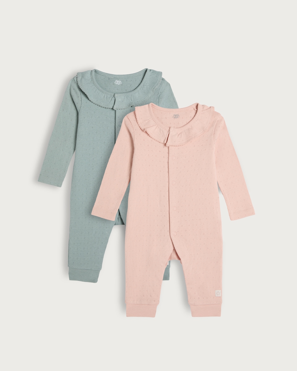 image 1 of F&F Baby 2-Pack Pure Cotton Ruffle Collar Sleepsuits in Pink