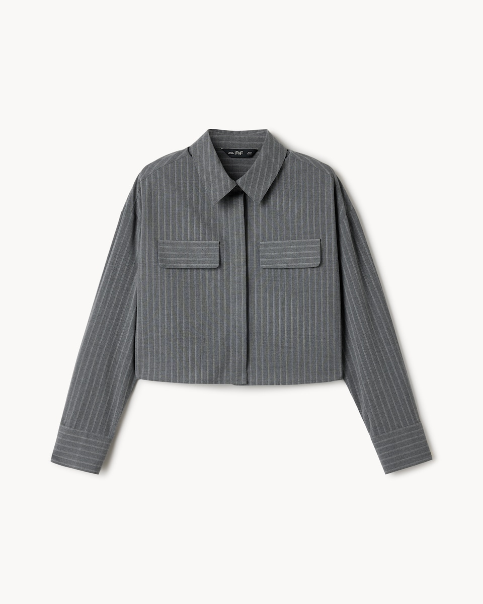 image 1 of F&F Pinstripe Cropped Co-ord Shirt in Grey