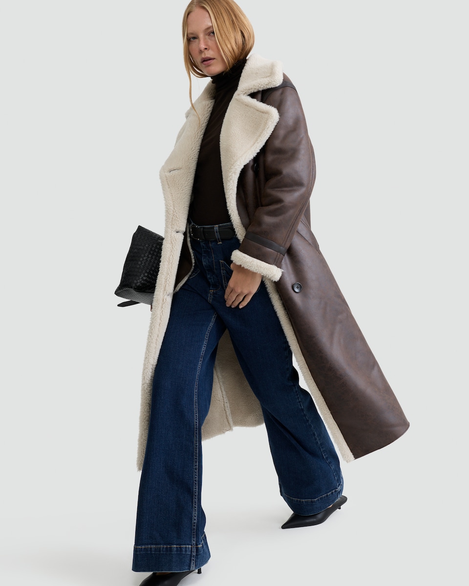 image 1 of The F&F Edit Double-Breasted Shearling Coat in Brown