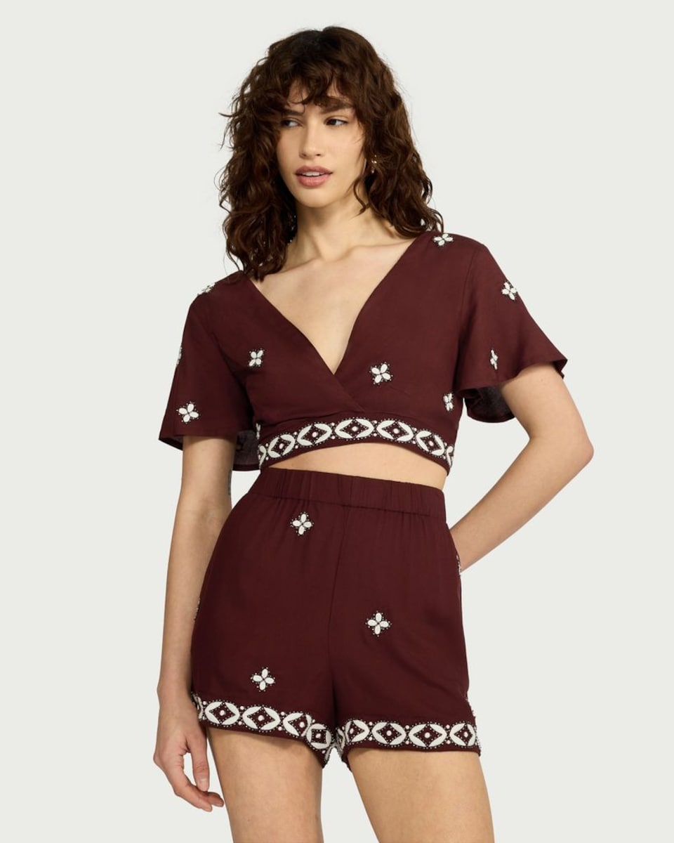 image 1 of F&F Embroidered Beaded Hem Co-ord Beach Shorts in Burgundy