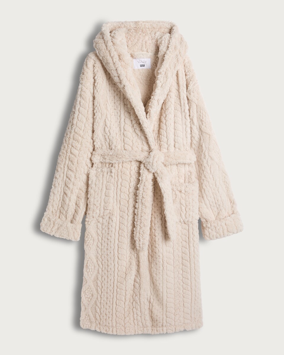 image 1 of F&F Fleece Cable Knit Hooded Dressing Gown in Cream