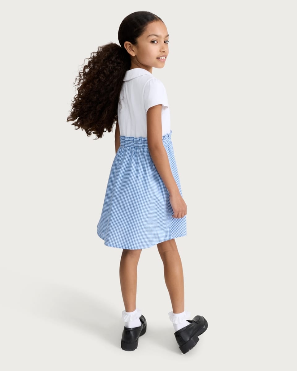 image 1 of F&F School Girls Cotton Rich 2 in 1 Gingham Polo Dress in Blue