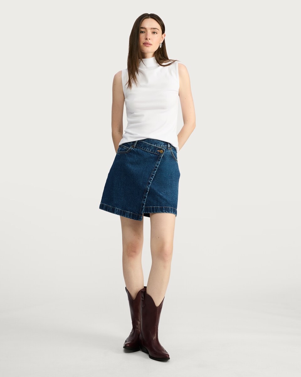 image 1 of F&F Pure Cotton Denim Wrap Mini Skirt in Navy