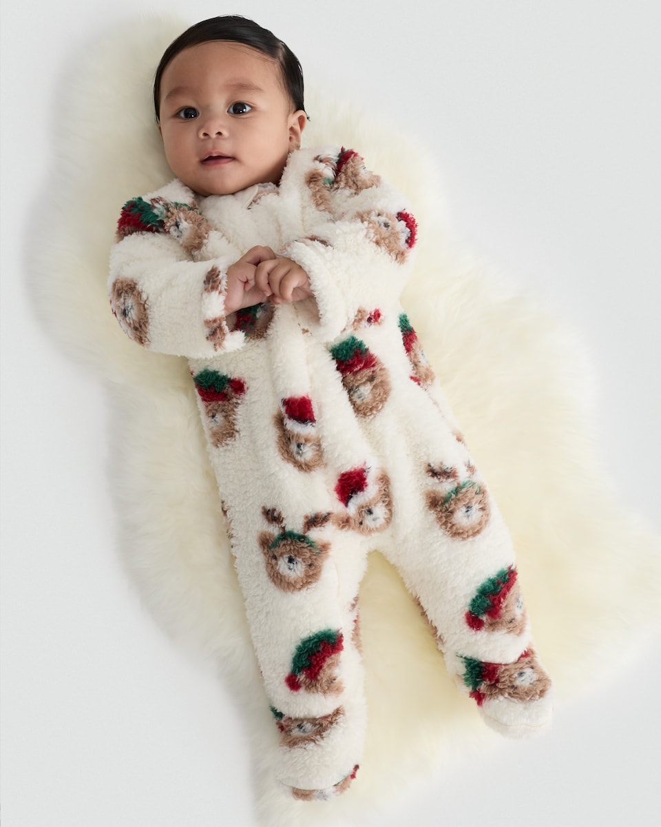 image 1 of F&F Baby Fleece Teddy Bear Christmas Sleepsuit in White