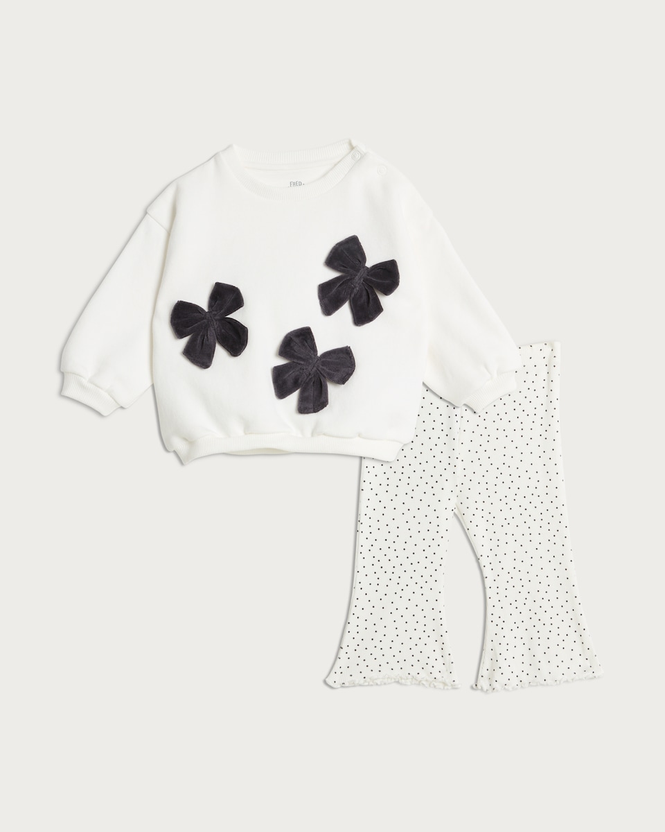 image 1 of F&F Baby 2-Piece Cotton Rich Bow Sweatshirt and Flared Leggings Set in White