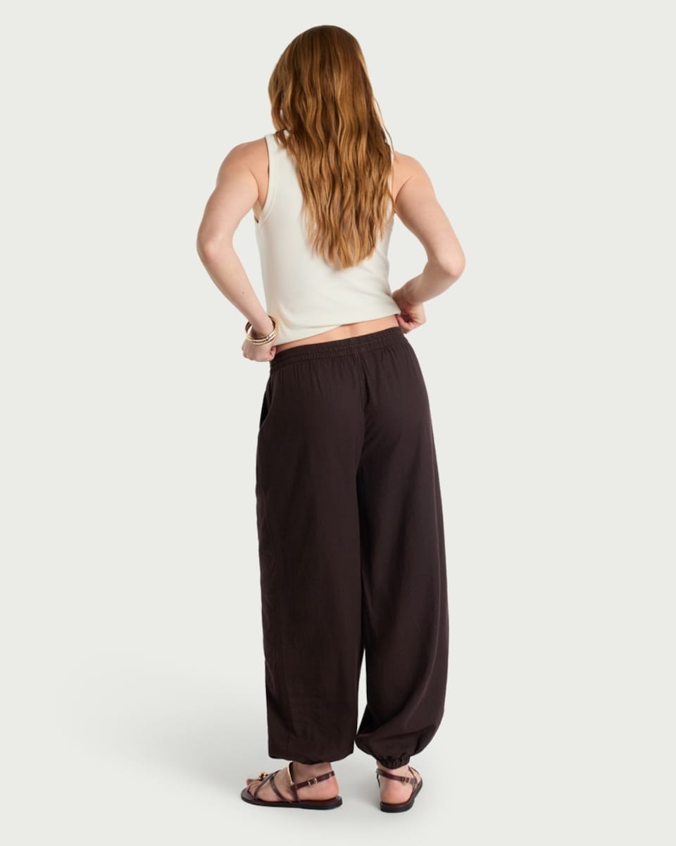image 1 of F&F Linen Rich Balloon Leg Drawstring Trousers in Chocolate