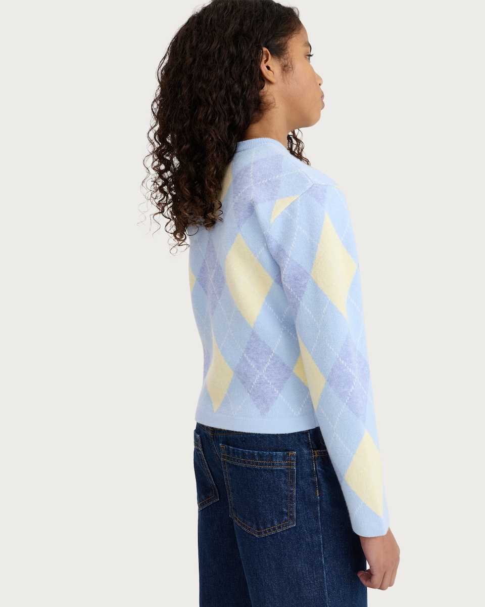 image 1 of F&F Girls Argyle Button Up Cardigan in Multi Blue