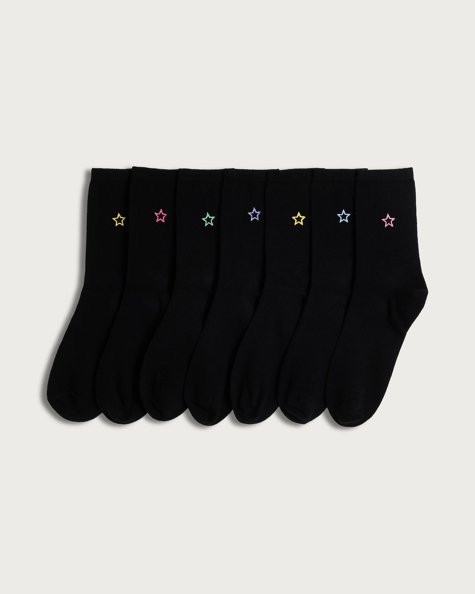 F&F 7-Pack Cotton Rich Star Embroidered Ankle Socks in Black