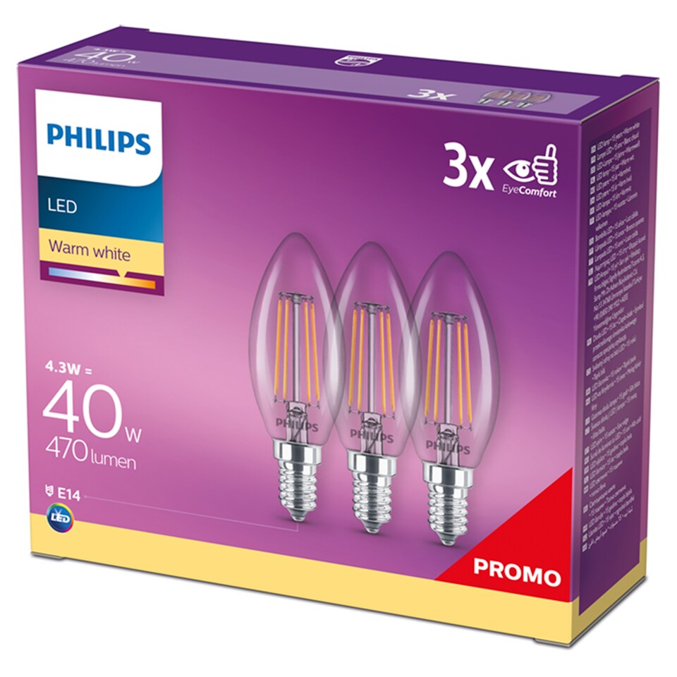 Philips Warm White LED Classic 40W B35 E14 Bulbs 3 Packs