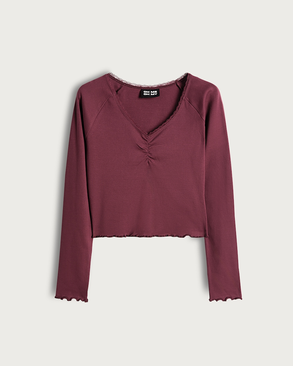 image 1 of OH ME OH MY Cotton Rich Ruched Lace Trim Top in Berry