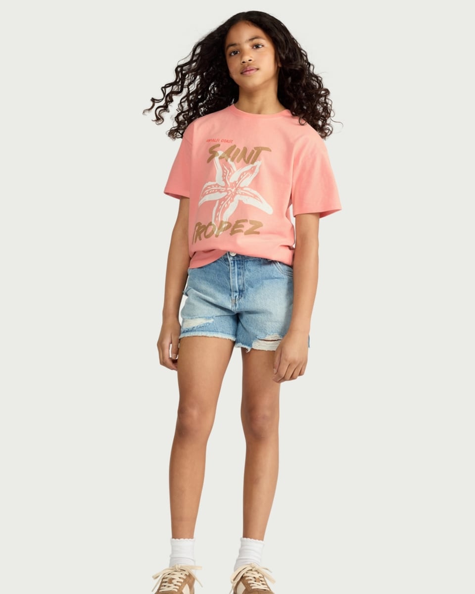 image 1 of F&F Girls Pure Cotton Saint Tropez Slogan T-Shirt in Coral