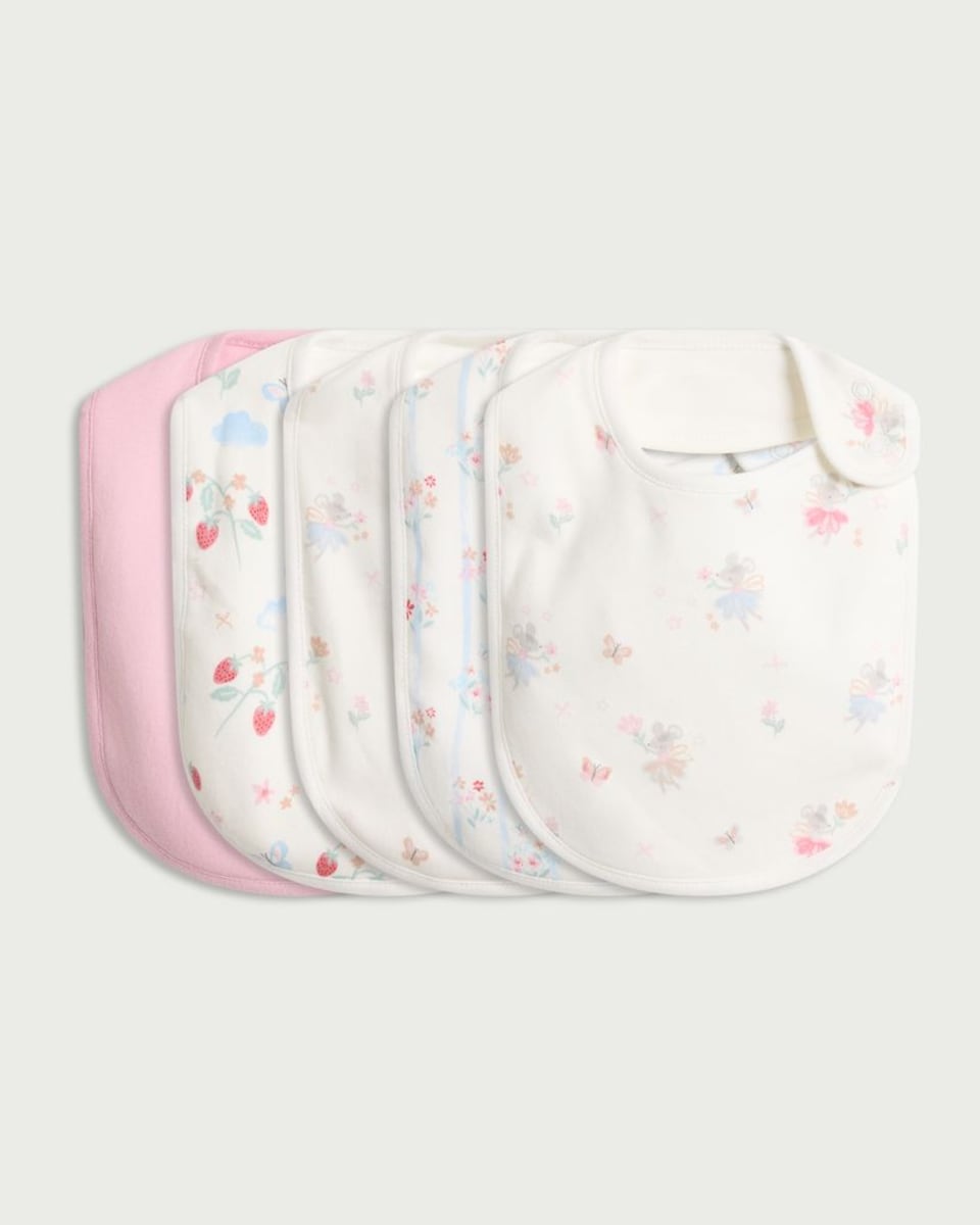 image 1 of F&F Baby 5-Pack Pure Cotton Fairy Printed Bibs in Pink