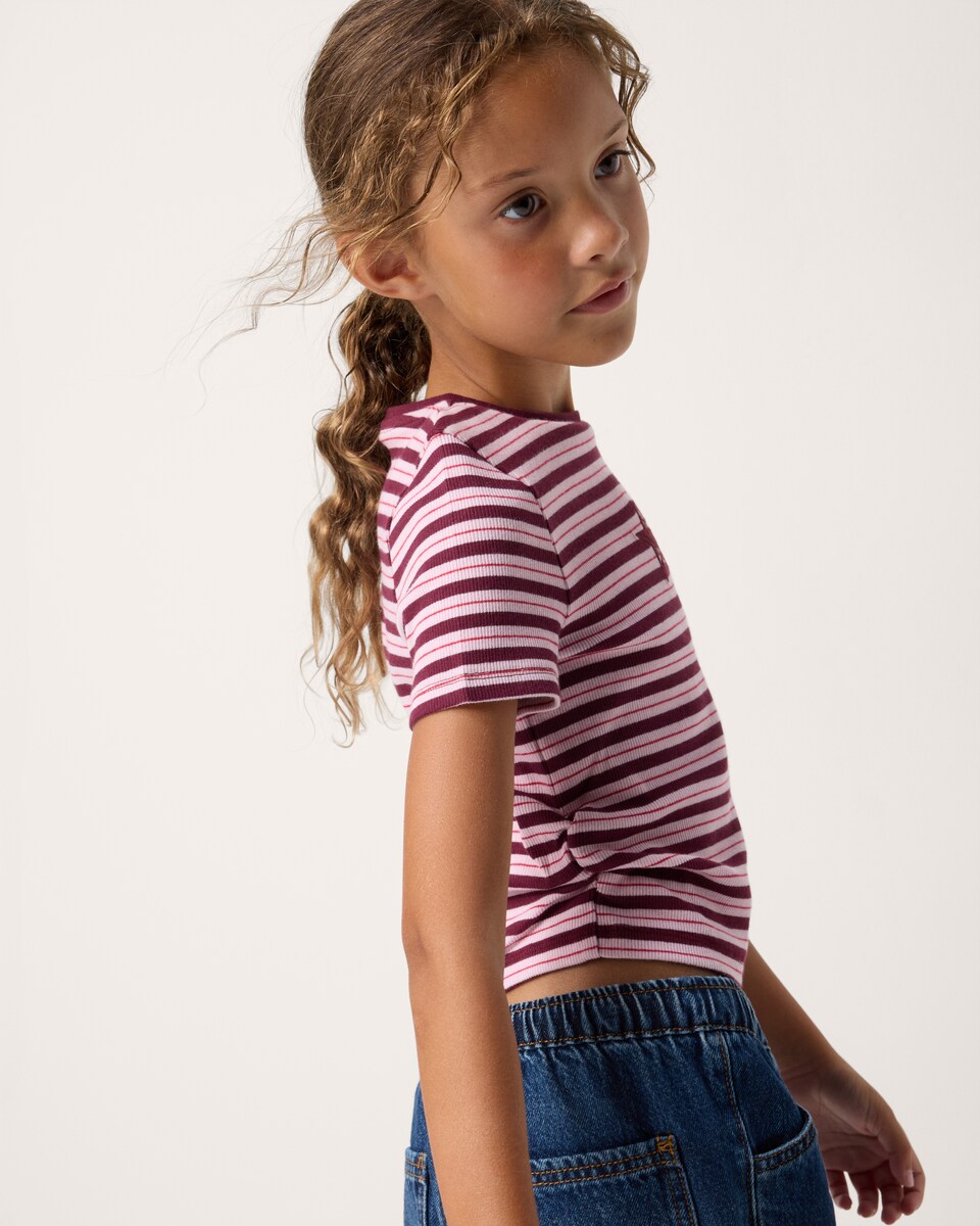 image 1 of F&F Girls Cotton Rich Ruched Side Striped T-Shirt in Burgundy