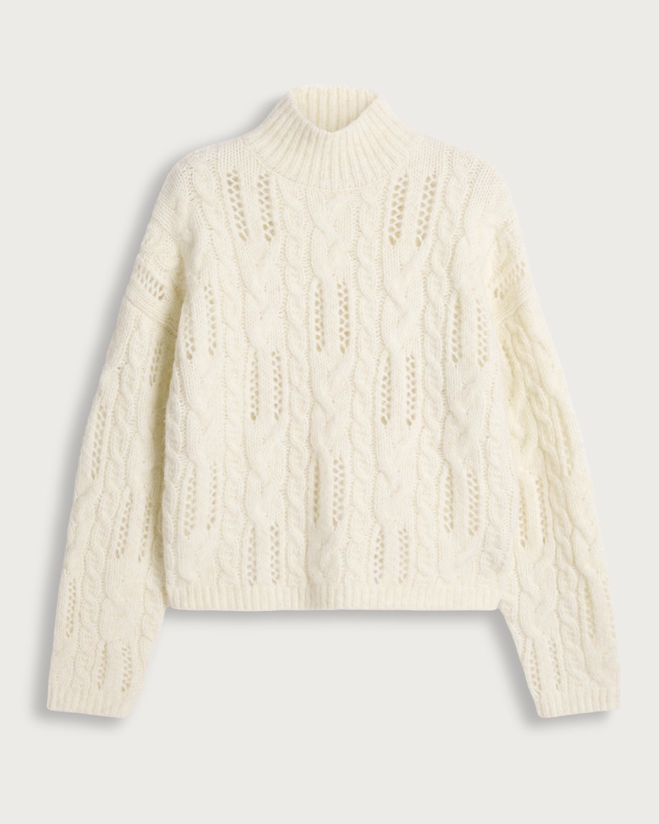 image 1 of F&F Ribbed High Neck Cable Knit Jumper with Wool in Cream
