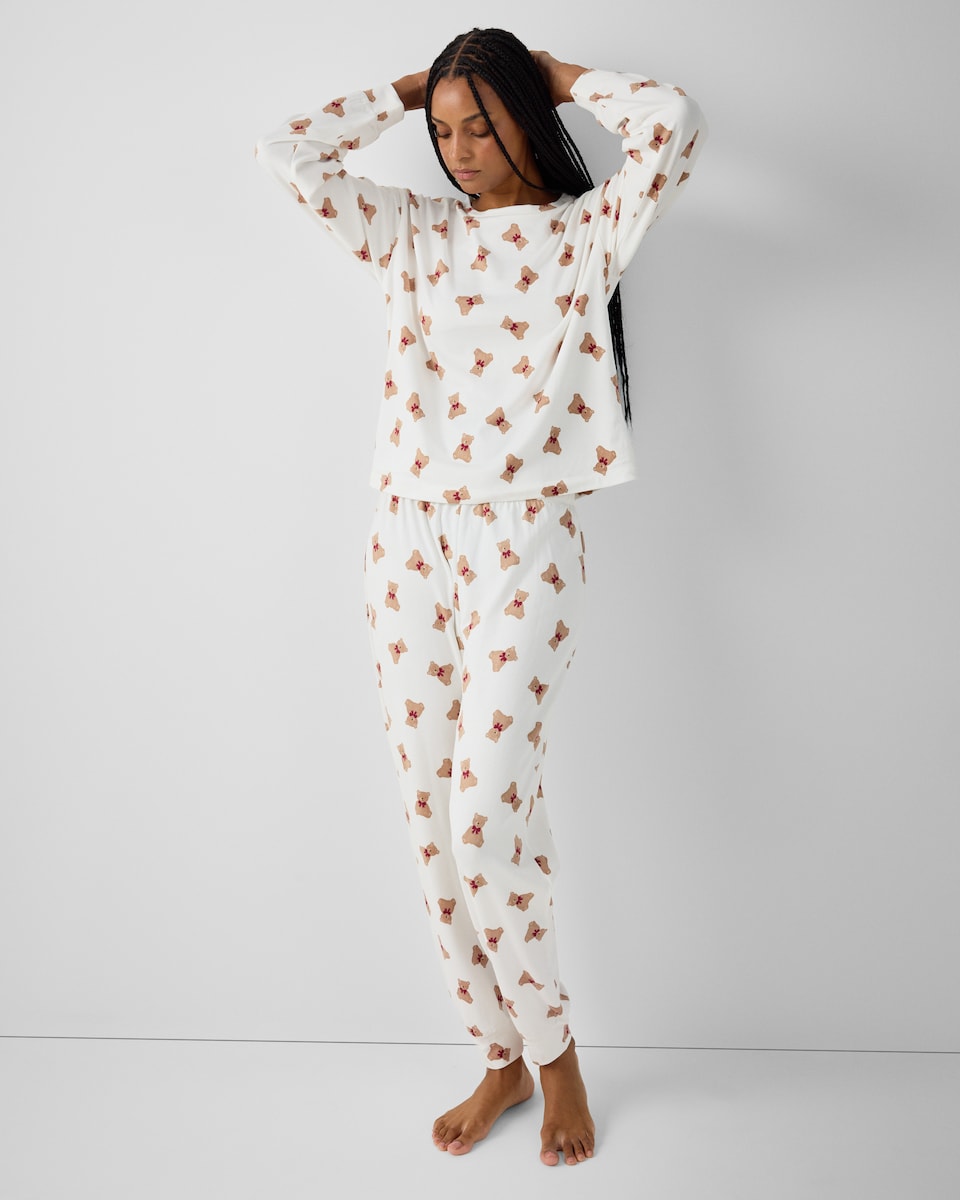 image 1 of F&F Fleece Teddy Bear Pyjama Set in Cream