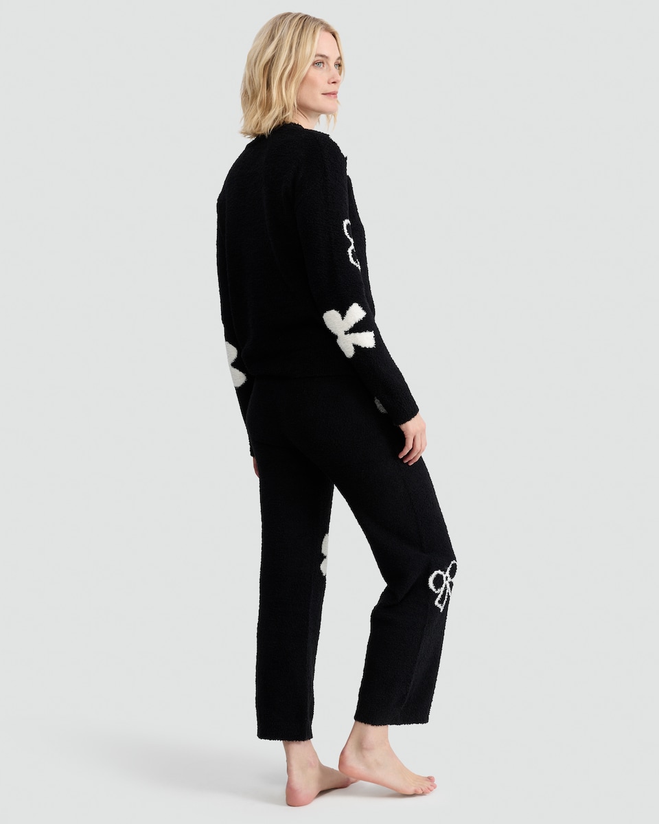 image 1 of F&F Textured Bow Print Sweatshirt and Trousers Pyjamas in Black