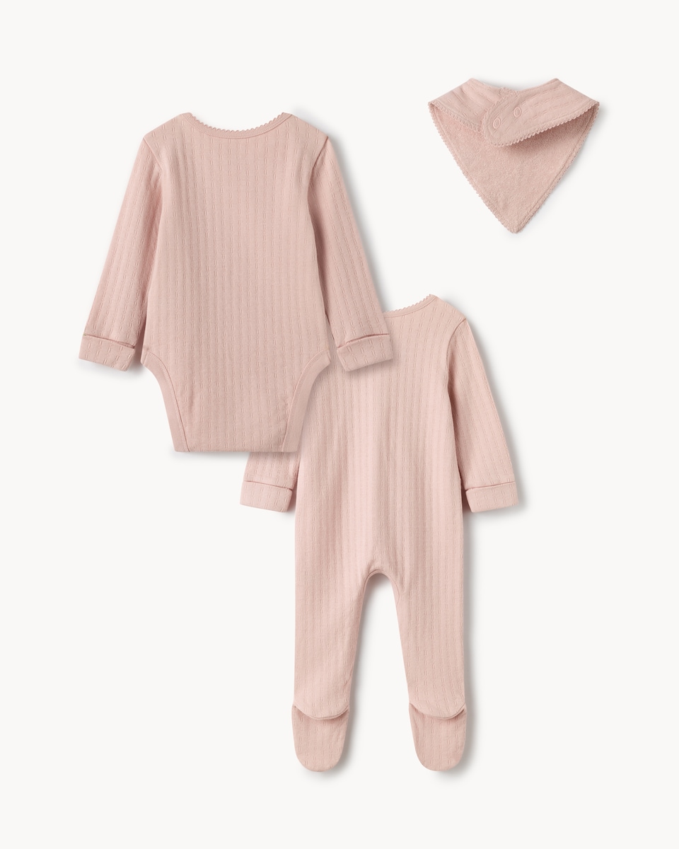 image 1 of F&F Baby 3-Piece Pure Cotton Pointelle Bodysuit, Sleepsuit and Bib Set in Mink