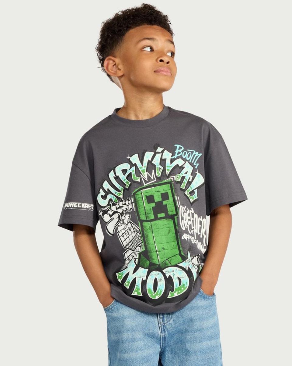 image 1 of Minecraft Survival Mode Pure Cotton Creeper T-Shirt in Grey
