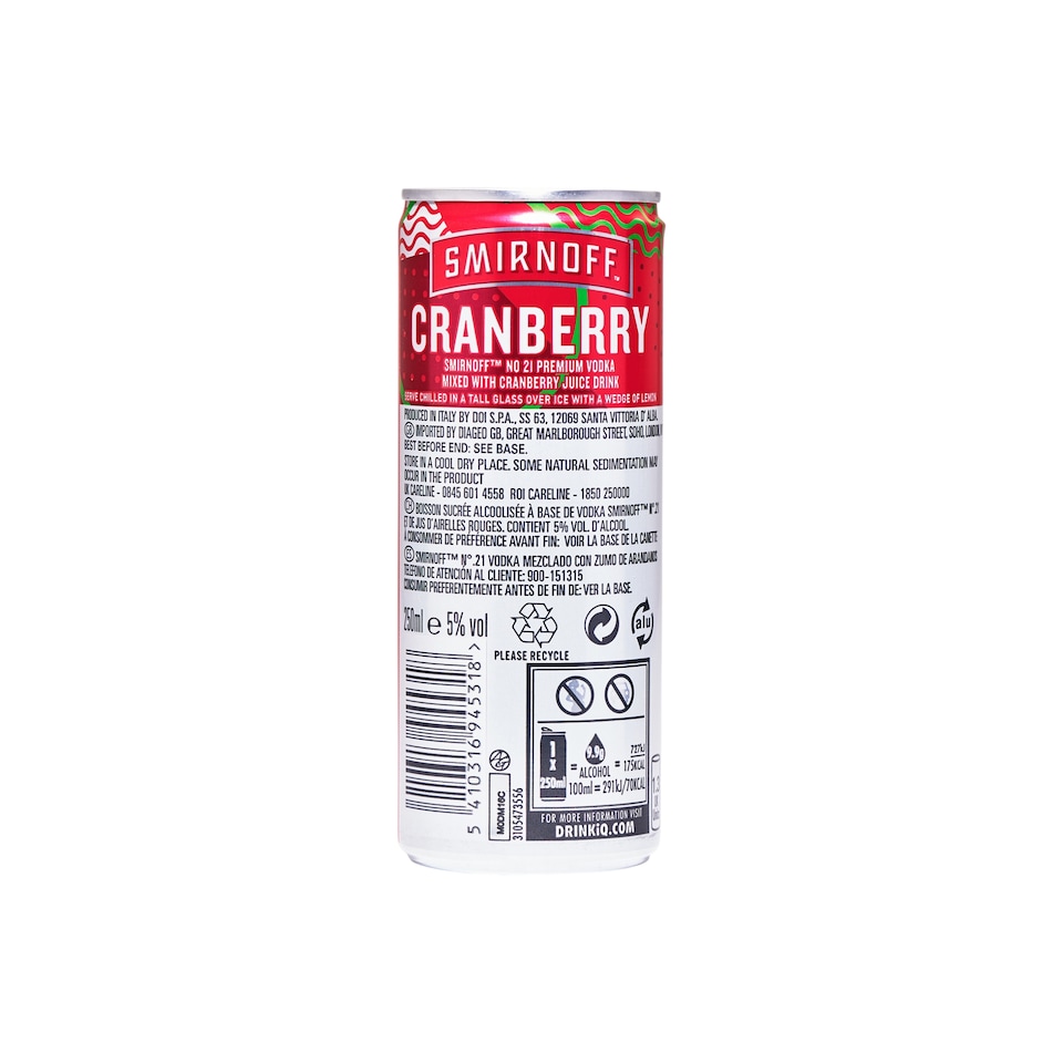 image 1 of Smirnoff Red Label Vodka and Cranberry Ready to Drink Premix 250ml