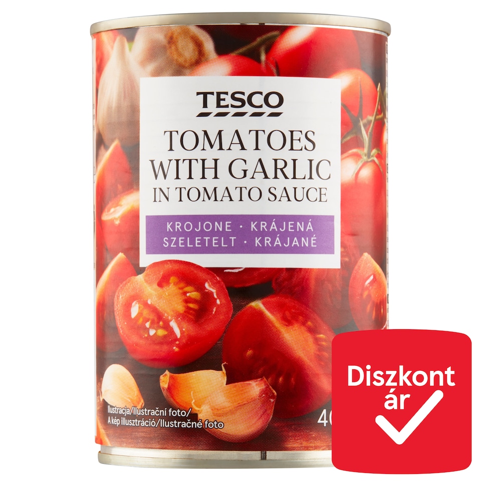 Tesco szeletelt paradicsom paradicsomszószban olívaolajjal és fokhagymával 400 g