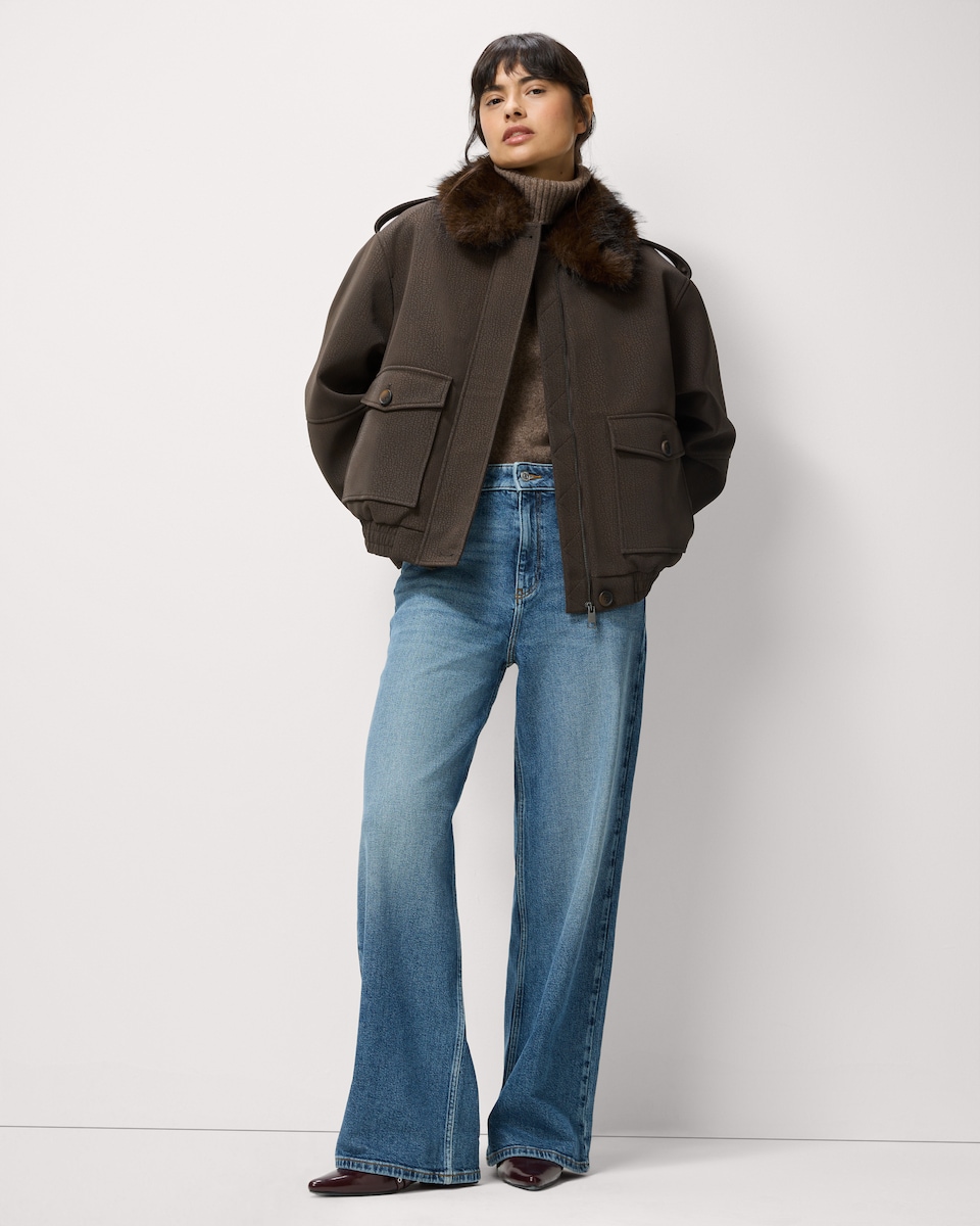 image 1 of F&F Faux Fur Collared Jacket in Brown