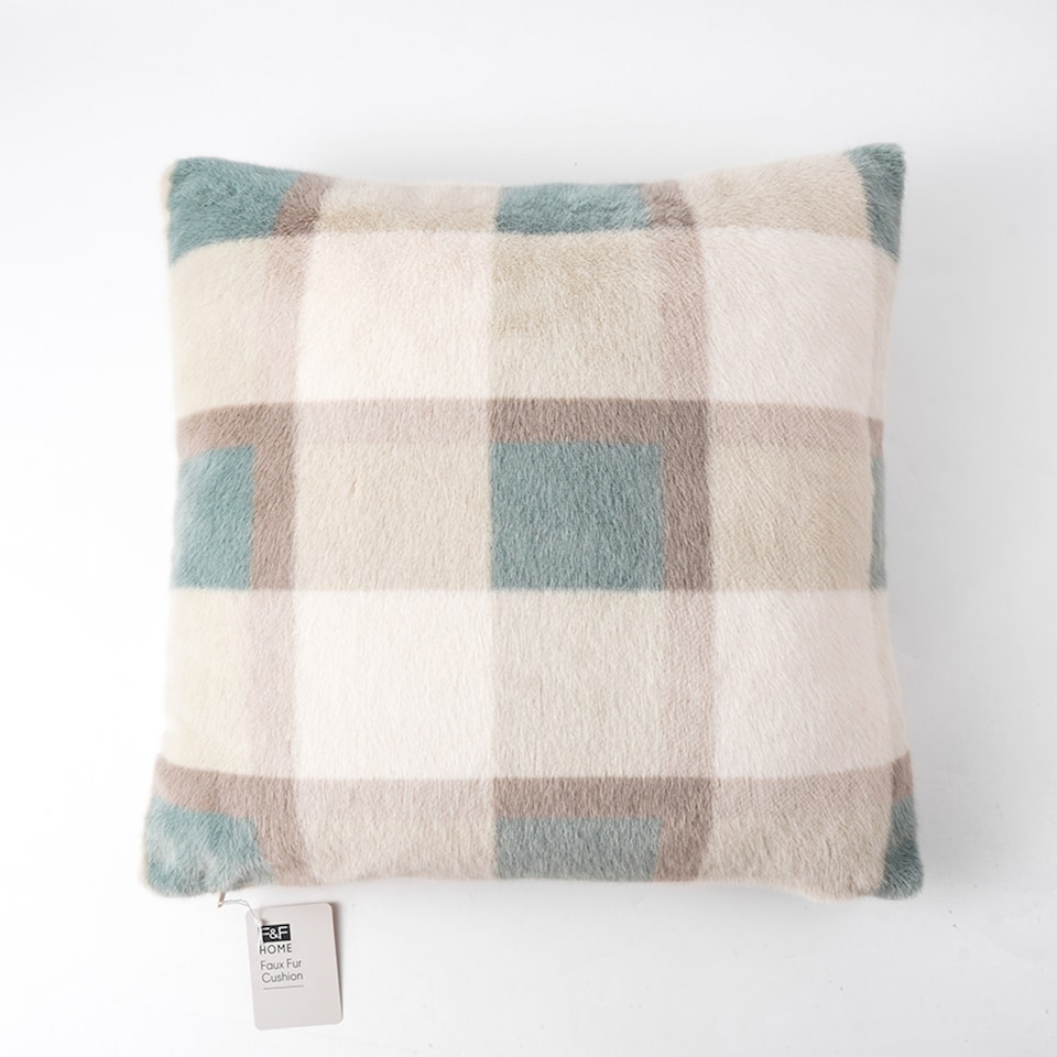 F&F Home Green Checked Faux Fur Cushion 45x45cm