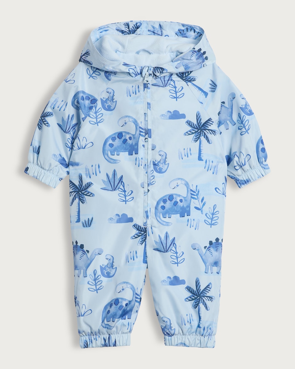 image 1 of F&F Baby Dinosaur Print Hooded Shower Resistant Puddlesuit in Blue