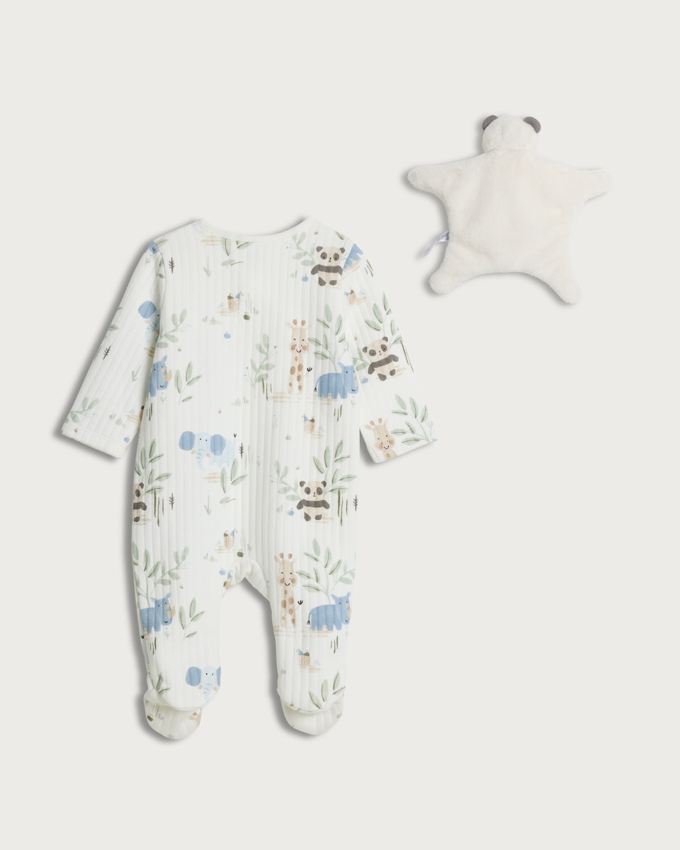 image 1 of F&F Baby Pure Cotton Quilted Animal Print Sleepsuit and Panda Comforter Set in White