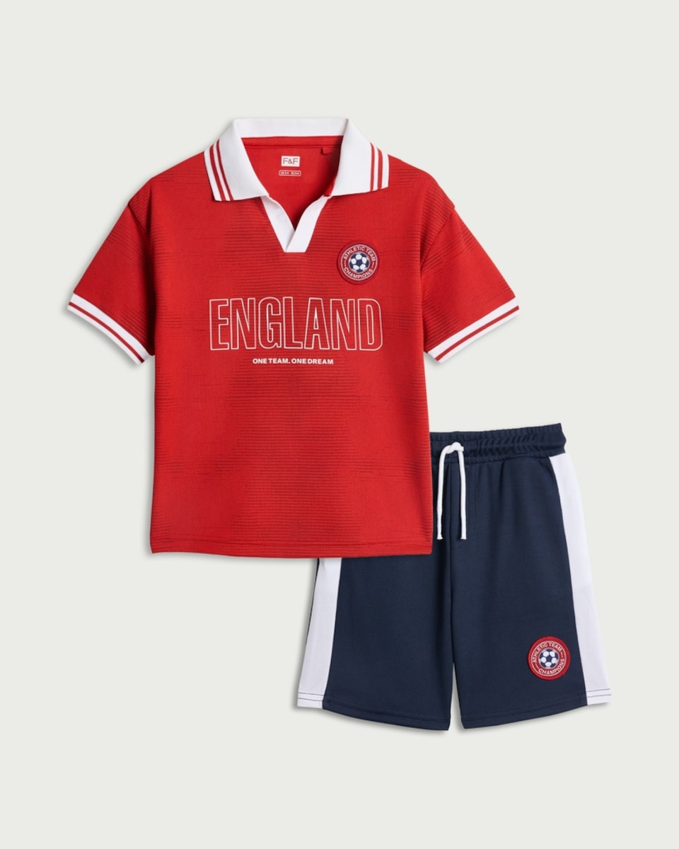 image 1 of F&F Boys England Football Polo Shirt and Shorts Set in Red