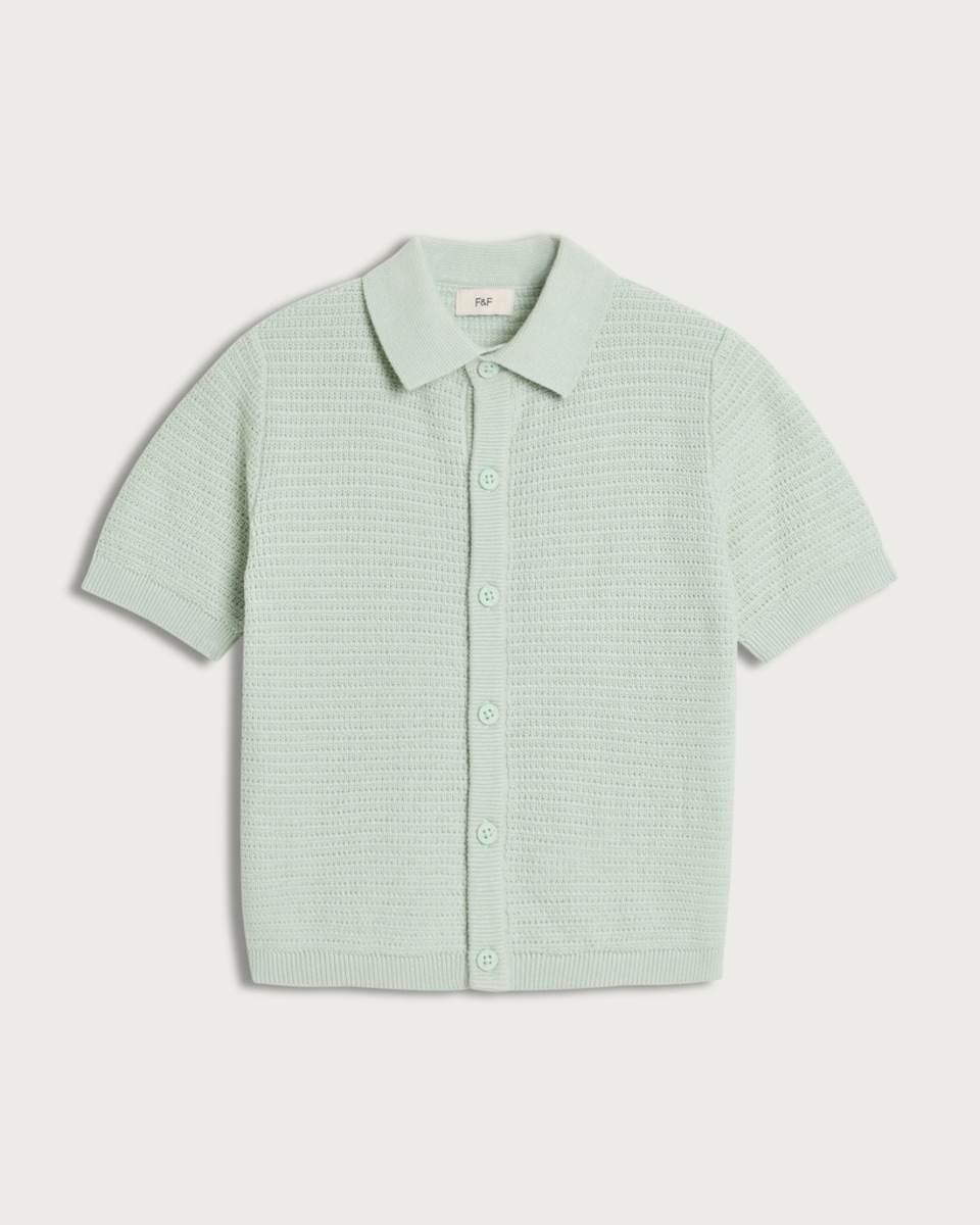 image 1 of F&F Boys Pure Cotton Textured Knit Polo Shirt in Green