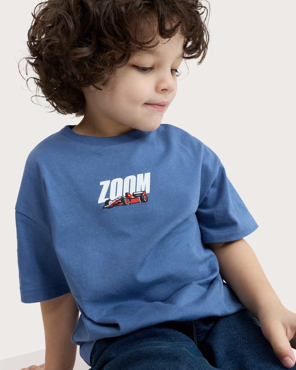 image 1 of F&F Boys Pure Cotton Racing Car Print Short Sleeved T-Shirt in Blue