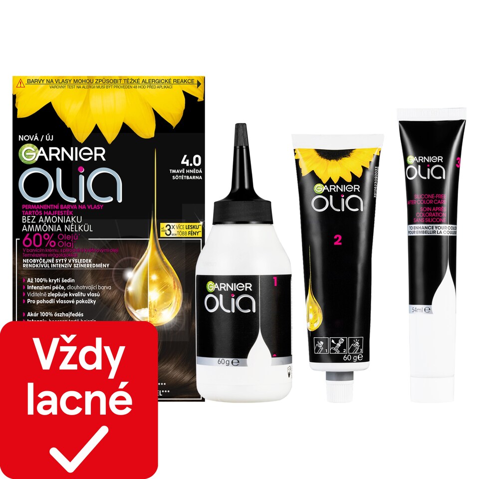 Garnier Olia permanentná farba na vlasy 4 .0 Tmavohnedá, 60 +60 +54 ml